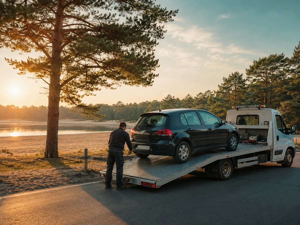 Auto wordt in Lommel bij zonsopgang op een oprijwagen geladen voor gratis ophaling, tussen de dennen